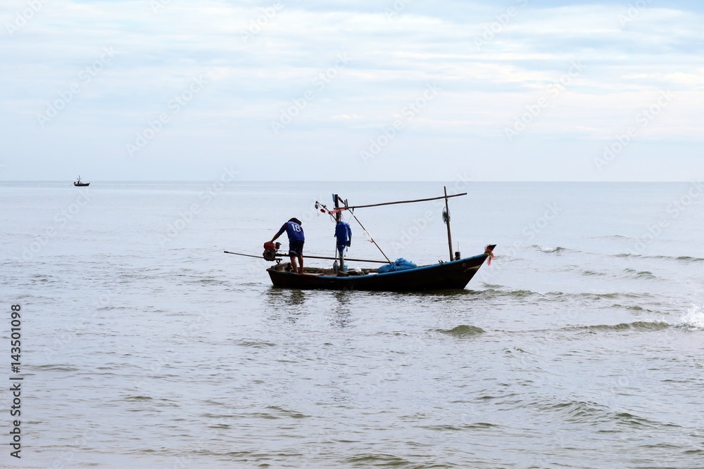 Naklejka premium Wooden fishing boat abstract ocean landscape