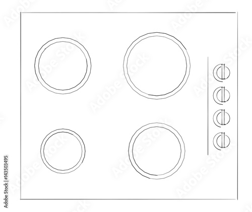 Pencil sketch drawing of built in induction cooker. Top view. Flat design.
