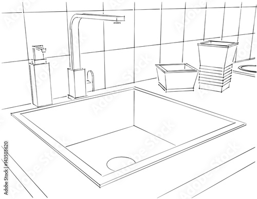 Modern kitchen counter with tap, square sink and kitchenware close up. 3d outline illustration.
