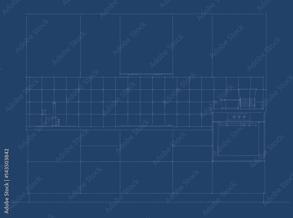 Blueprint of small kitchen facade. Flat conceptual design. Blueprint of small kitchen facade. Flat conceptual design.
