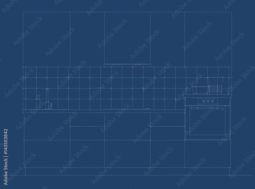 Blueprint of small kitchen facade. Flat conceptual design.