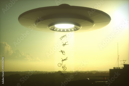3D illustration. Concept of alien abduction. People levitating into the alien ship.