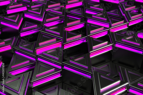 Pattern of black triangle prisms with violet glowing lines