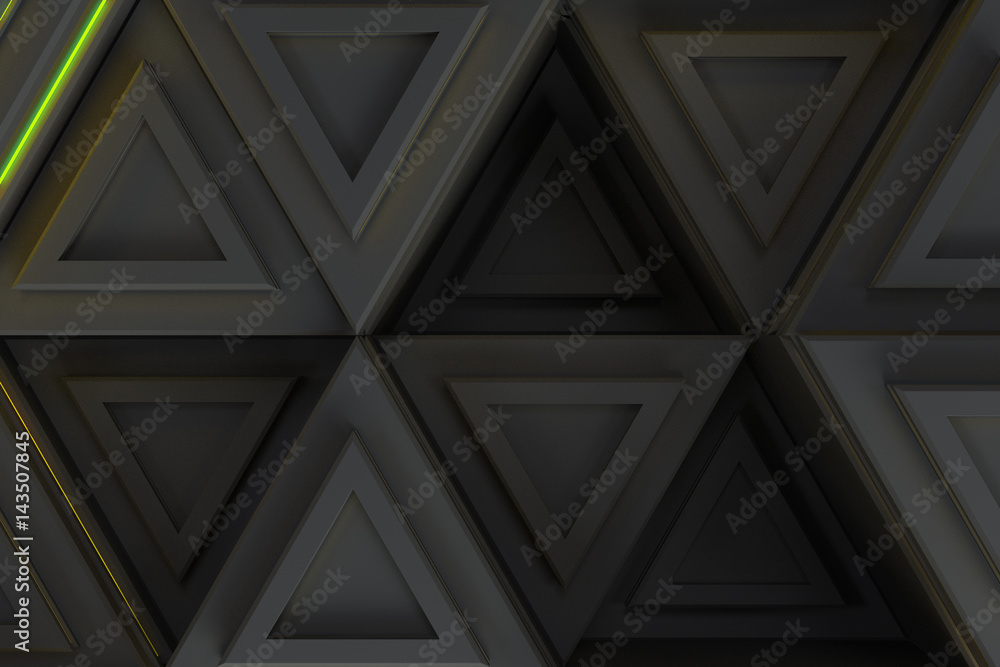 Pattern of grey triangle prisms with yellow glowing lines Pattern of grey triangle prisms with yellow glowing lines