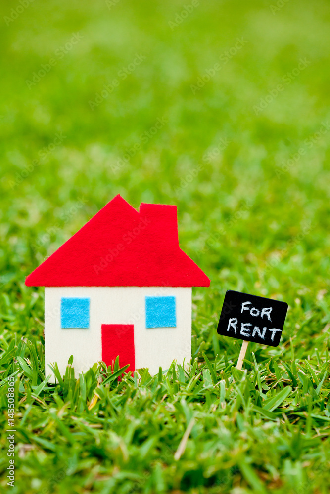 House - Home - For Rent blackboard on grass background
