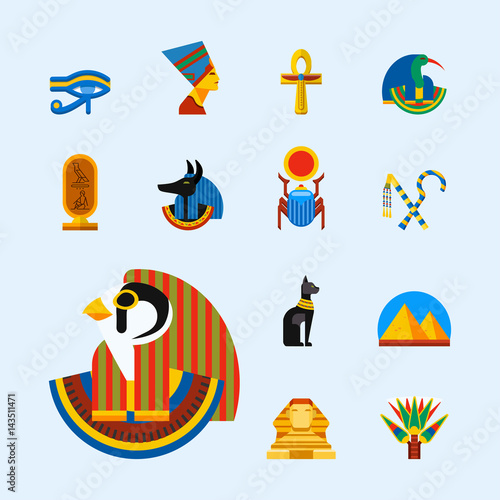 Set of vector flat design egypt travel icons culture ancient elements illustration.