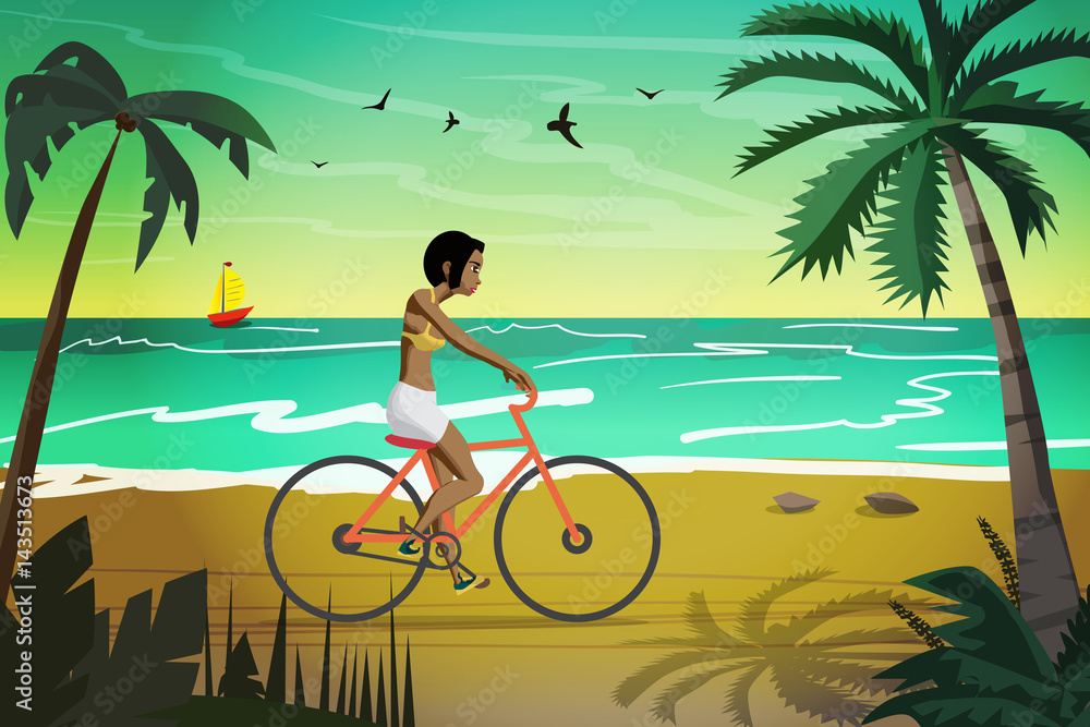 Young afro woman rides red bike on summer beach at sunset. Vector flat illustration