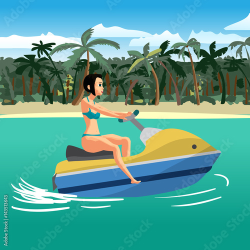 Young woman in a swimsuit is floating on a scooter near a tropical beach. The girl is riding on jet ski boat. Vector cartoon flat illustration