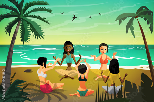 Group of young women doing yoga on the beach at sunset under palm trees. Flat cartoon vector illustration