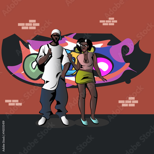Womanand man on background wall with graffiti