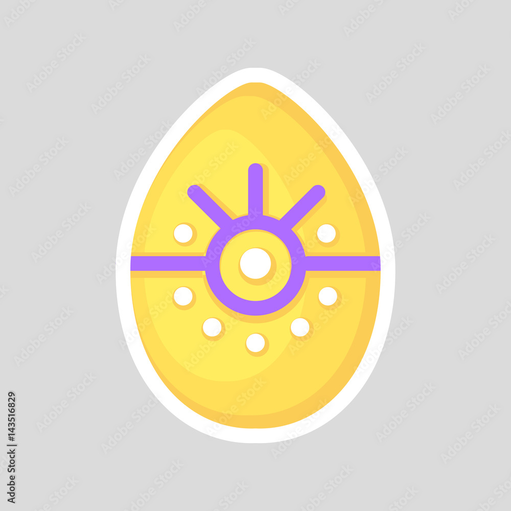 Easter yellow egg isolated on a gray background. Volumetric with a white outline, with a colored contrast ornament of a circle, segments and dots. Easter yellow egg isolated on a gray background. Volumetric with a white outline, with a colored contrast ornament of a circle, segments and dots.