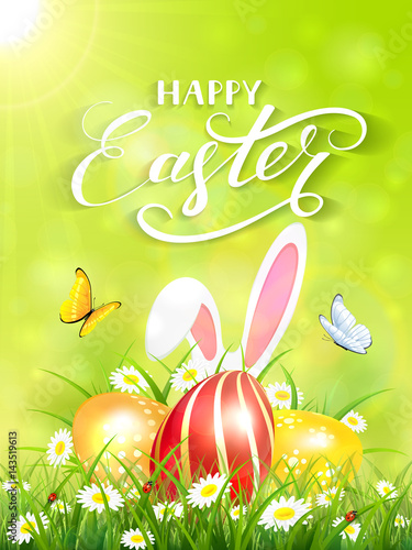 Green background with rabbit and three Easter eggs in grass