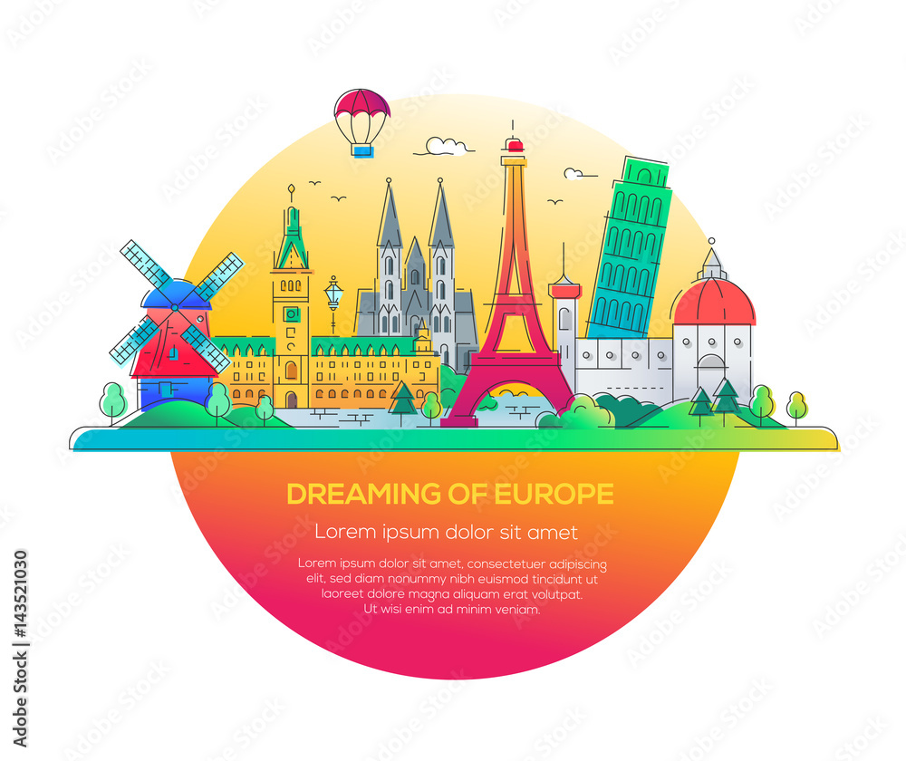 Dreaming of Europe - vector line travel illustration