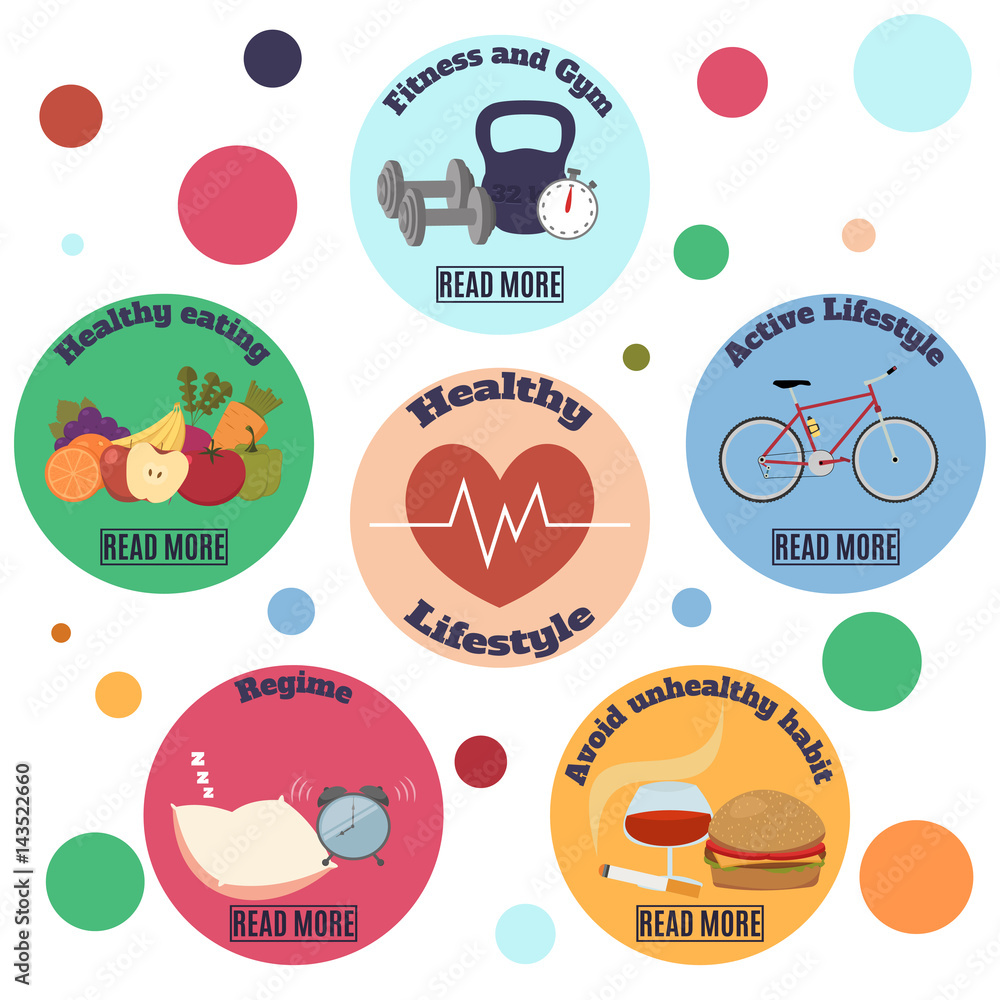 Vettoriale Stock Healthy lifestyle infographic banner. Flat vector icons on  colorful circles background | Adobe Stock