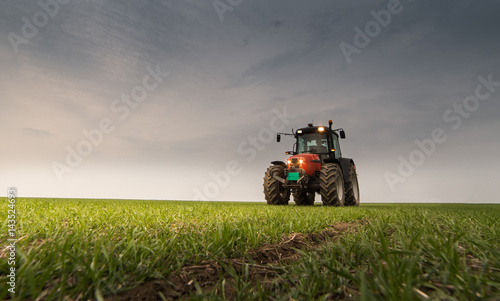 Tractor spraying pesticide on wheat field with sprayer