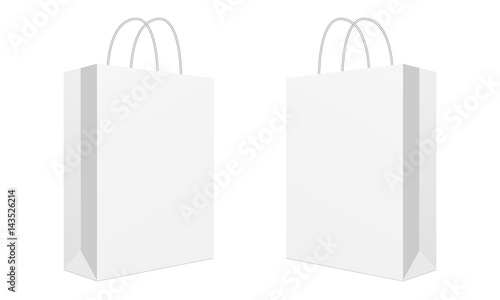 Blank shopping bag isolated on white background. Two cardboard packets. Mockup can be used for design, branding, logo. Vector illustration
