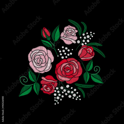 Red rose and white flowers embroidery on black background. Satin stitch imitation, vector.
