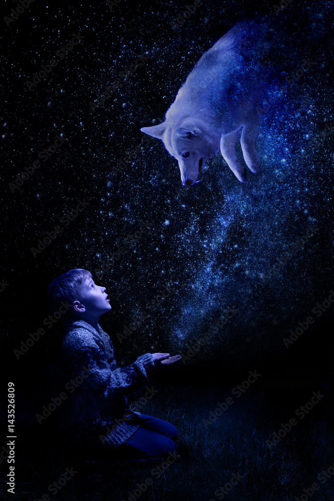 Fairytale photography. Magic and witchcraft. The boy conjures a wolf with a star