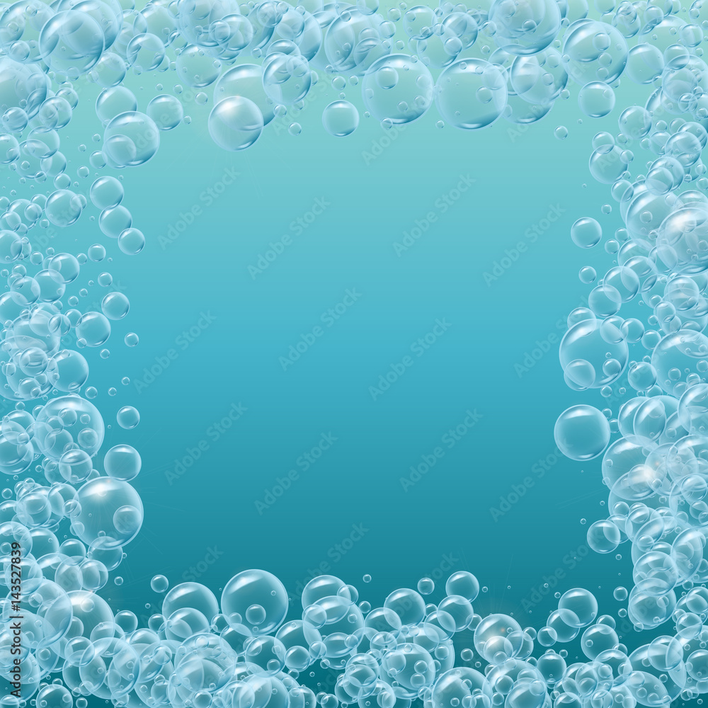 Square frame of realistic water bubbles. Deep sea with bubbles and sprays underwater. Template for aqua park, swimming pool, diving club design. Good for greeting card and party invitation.