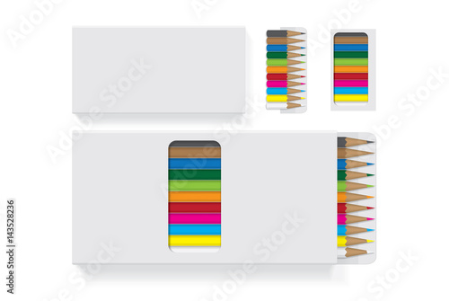 Box with pencils for your design and logo. Easy to change colors. Mock Up. Vector EPS10