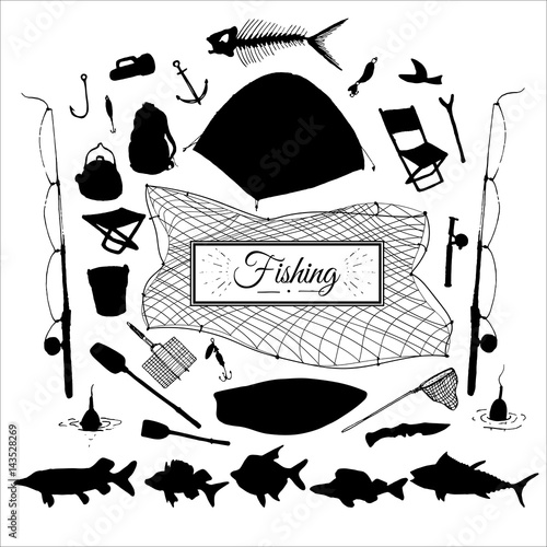 hand drawn fishing isolated attribute set with silhouettes of tent, fishes, boat, paddles, rod, hooks etc