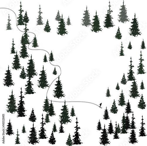 hand drawn template or card illustration with silhouettes of spruces and pines.forest and camping theme. trace of skier