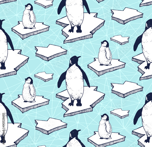 seamless pattern with hand drawn arctic animals on ice floe with ice crack. penguins