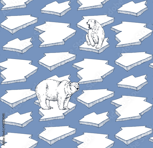 seamless pattern with hand drawn ice floe and polar bear. arctic and polar background