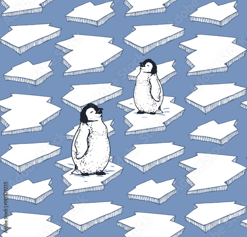 seamless pattern with hand drawn arctic little pinguins on ice floe photo