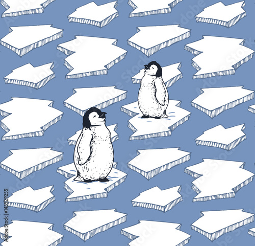 seamless pattern with hand drawn arctic little pinguins on ice floe