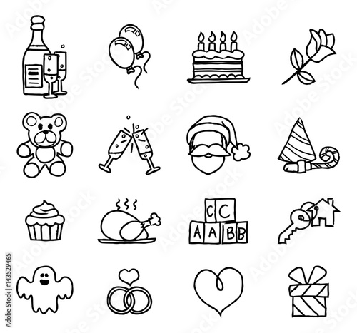 Celebration Holiday or Gift Hand Drawn Icon Set