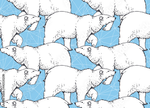 seamlees pattern with hand drawn walking polar bear on ice crack background