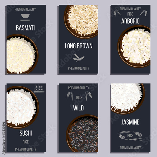 Labels set with Different types of rice in pots