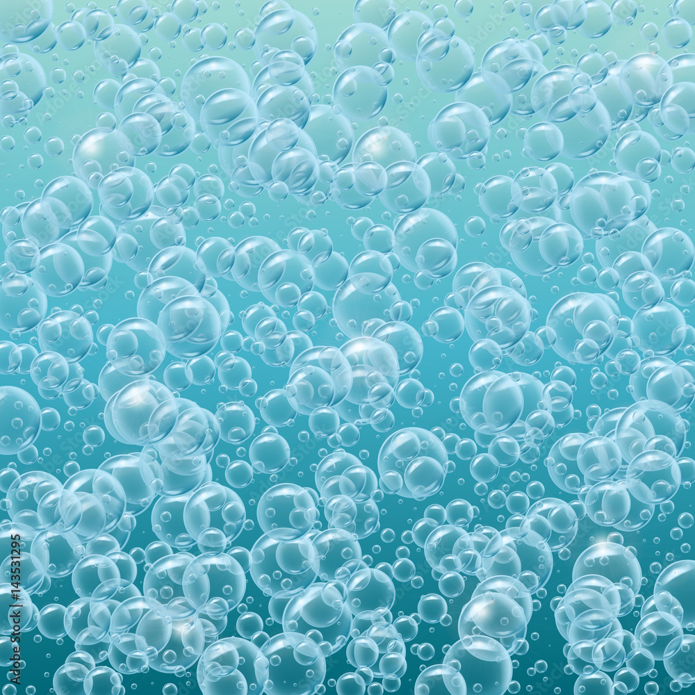 Bulk of realistic water bubbles. Underwater background. Template for