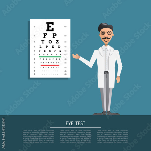 Cartoon character of doctor of the ophthalmologist that points on the Board to check view. Banner with place for text