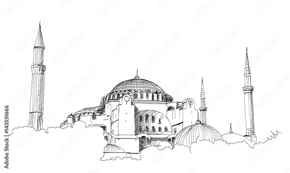 Hand drawn sketch of the world famous Blue mosque, Istanbul in vector illustration.