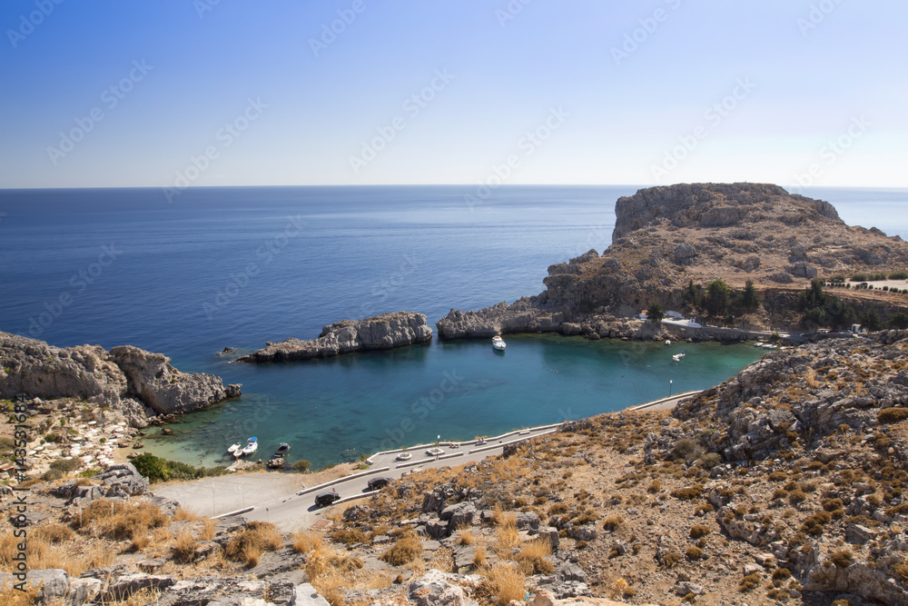 Panoramic view of  st, Paul's bay , Lindos, Rhodes, Greece