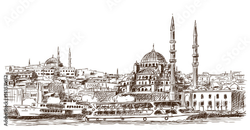 Hand drawn sketch of the world famous Blue mosque, Istanbul in vector illustration.