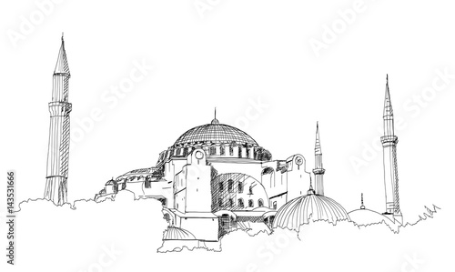 Hand drawn sketch of the world famous Blue mosque, Istanbul in vector illustration.