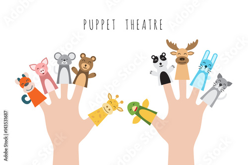 Figures of animals, heroes of the puppet theatre which put in the fingers of the hand. Vector illustration of characters to play with the children in role-playing games.