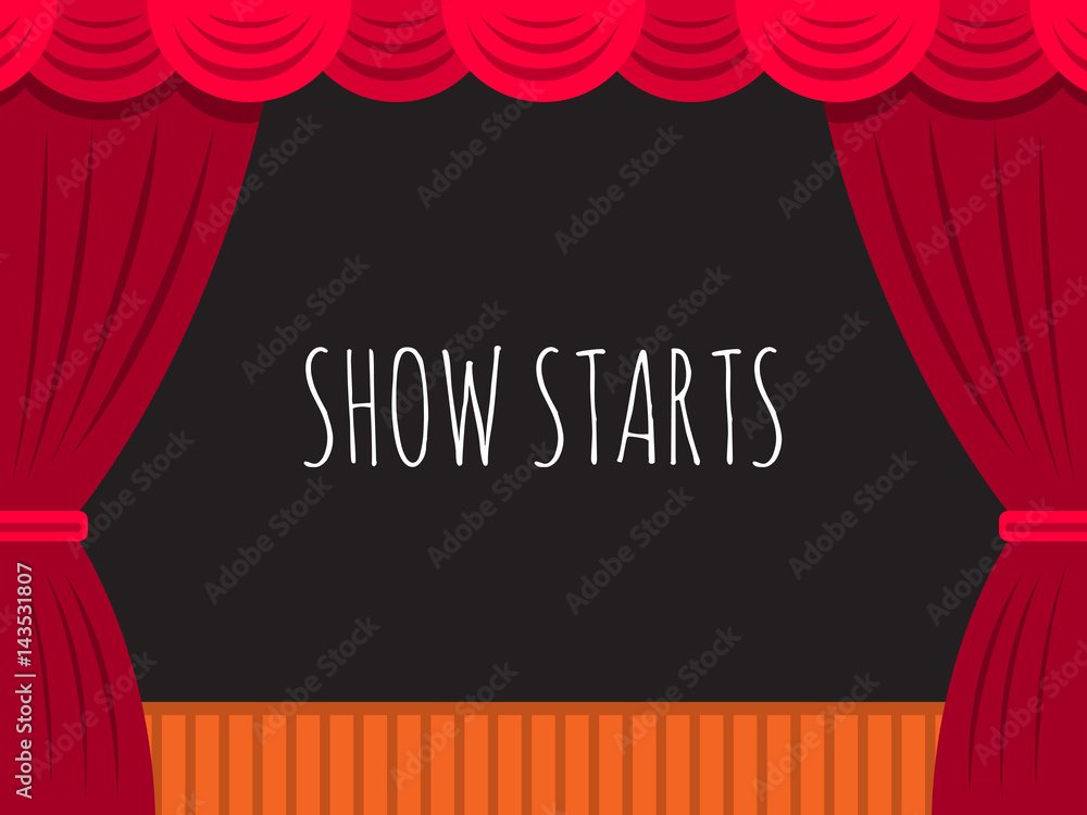 Vector image of theatre stage with curtain and dark scenery, with text for  posters presentation. Banner show begins in the background of the stage  Stock Vector | Adobe Stock
