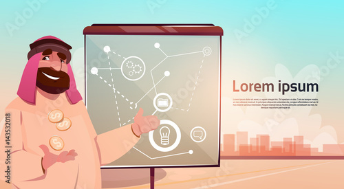 Rich Arab Businessman Presentation Flip Chart Oil Extraction Business Success Flat Vector Illustration
