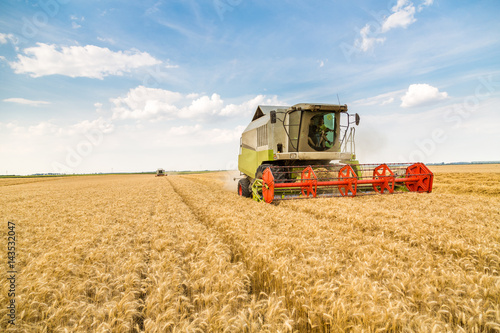 Combine harvester in action on wheat field