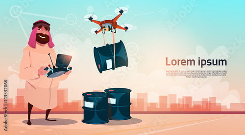 Rich Arab Business Man Oil Trade Drone Delivery Black Wealth Concept Flat Vector Illustration