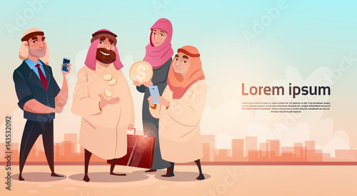 Rich Arab Businessman With Wife Oil Extraction Business Success Flat Vector Illustration