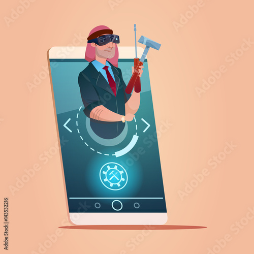 Arab Businessman Hold Instruments Wear Virtual Glasses Cell Smart Phone Network Communication Flat Vector Illustration