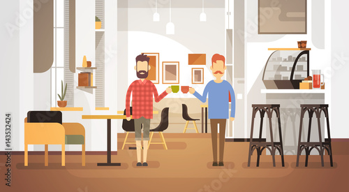 Two Man Drink Coffee Modern Cafe Interior Restaurant Flat Vector Illustration