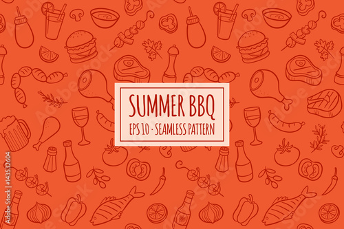 Seamless pattern with hand drawn doodle BBQ icons set. Vector illustration with summer barbecue elements collection. Cartoon meals, fish, drinks and ingredients on red background.