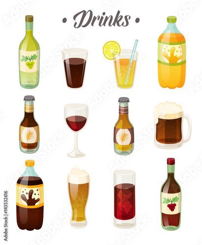 Set of different drinks, wine and beer on white background. Vector illustration