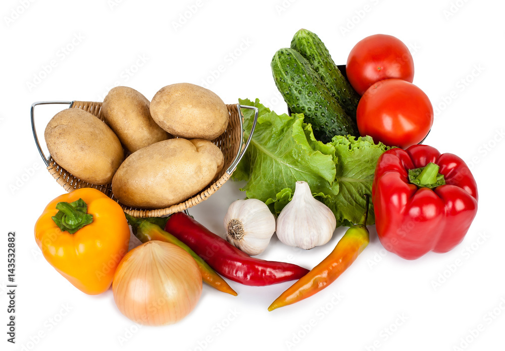 Isolated vegetables and lettuce leaves. Healthy food on a white background Isolated vegetables and lettuce leaves. Healthy food on a white background